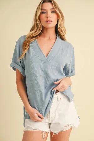 Side Slit V-Neck Short Sleeve Blouse