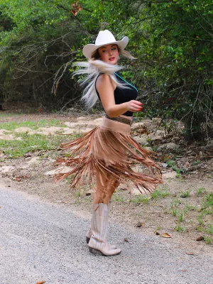 Spin Me Around Suede Tiered Fringe Skirt, Tan