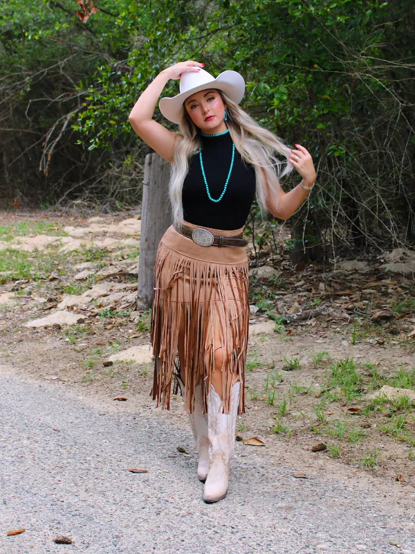 Spin Me Around Suede Tiered Fringe Skirt, Tan