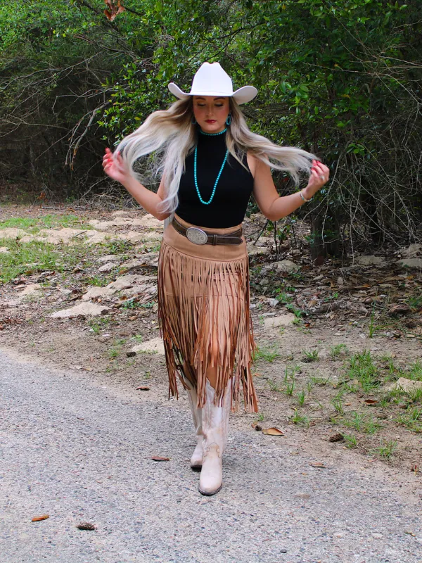 Spin Me Around Suede Tiered Fringe Skirt, Tan