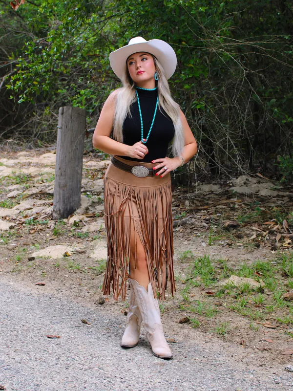 Spin Me Around Suede Tiered Fringe Skirt, Tan