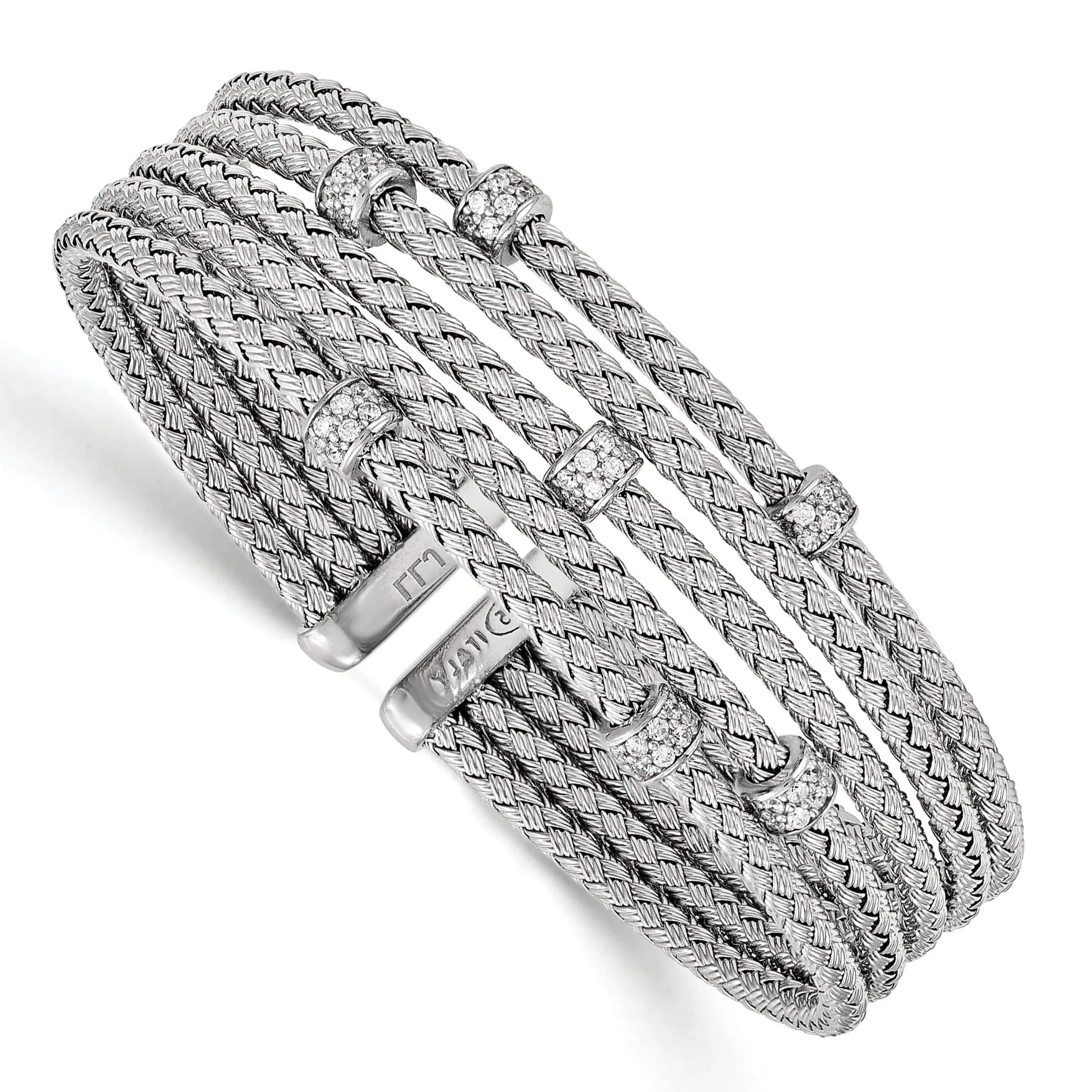 Sterling Silver Rhodium C.Z Woven Flexible Cuff