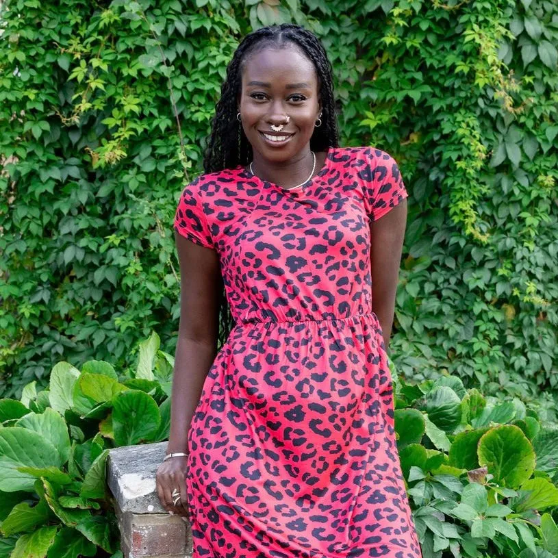 The Knee Length Breastfeeding Dress - Red Leopard Print