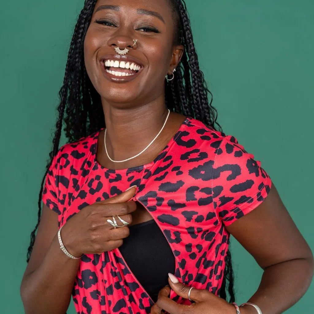 The Knee Length Breastfeeding Dress - Red Leopard Print