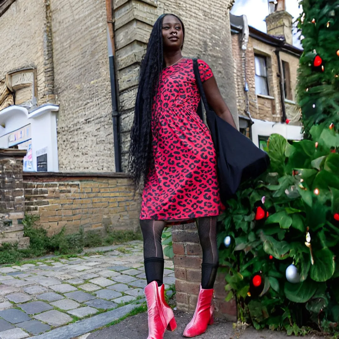 The Knee Length Breastfeeding Dress - Red Leopard Print