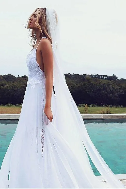 White Lace Beach Wedding Dresses with Chiffon Ribbons
