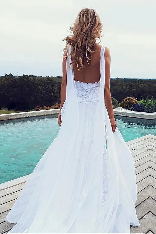 White Lace Beach Wedding Dresses with Chiffon Ribbons