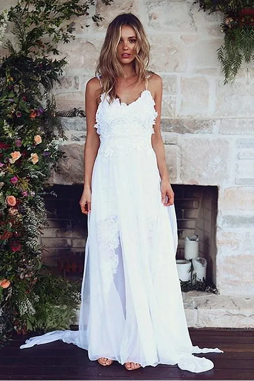 White Lace Beach Wedding Dresses with Chiffon Ribbons