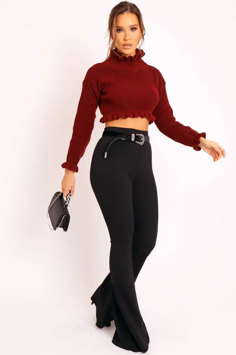 Wine Ruffle Hem Chunky Knit Crop Jumper - Alannah