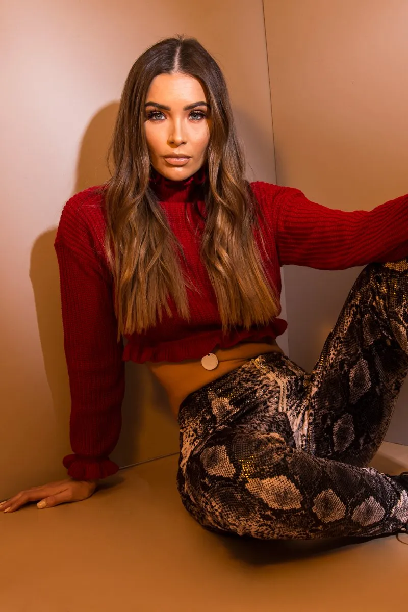 Wine Ruffle Hem Chunky Knit Crop Jumper - Alannah