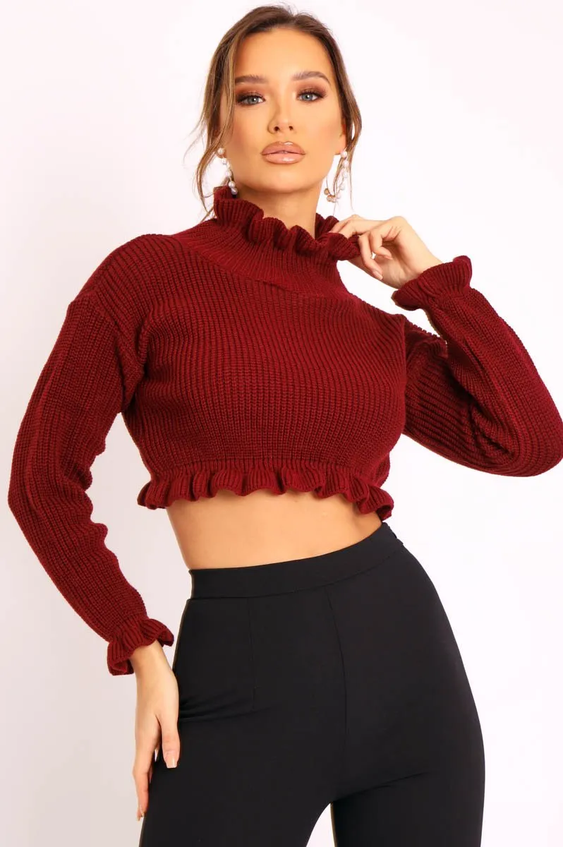 Wine Ruffle Hem Chunky Knit Crop Jumper - Alannah