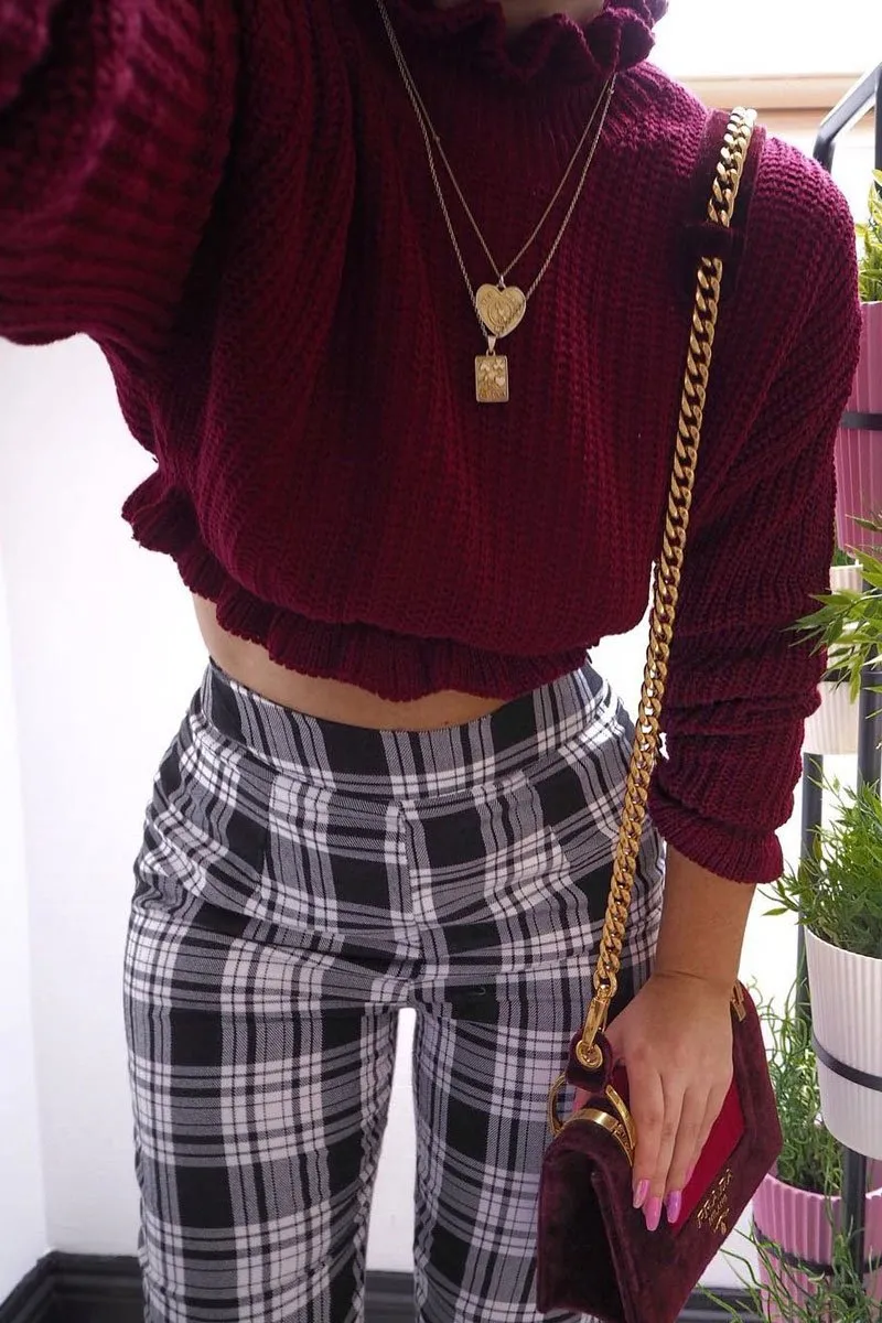 Wine Ruffle Hem Chunky Knit Crop Jumper - Alannah