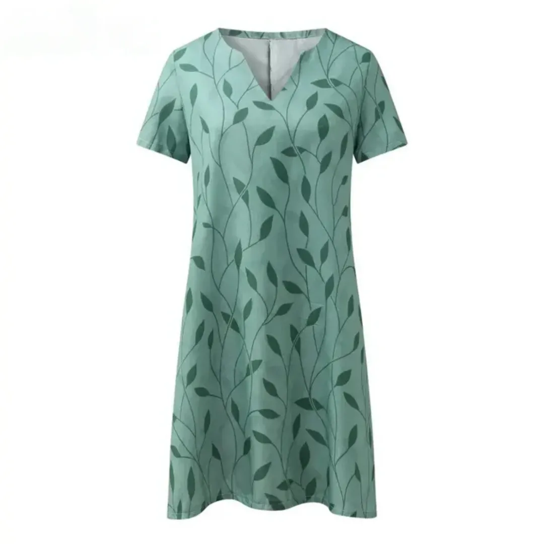 Women's Leaf Print V-Neck Summer Dress | Mini