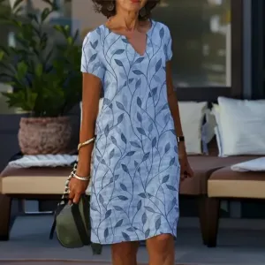 Women's Leaf Print V-Neck Summer Dress | Mini