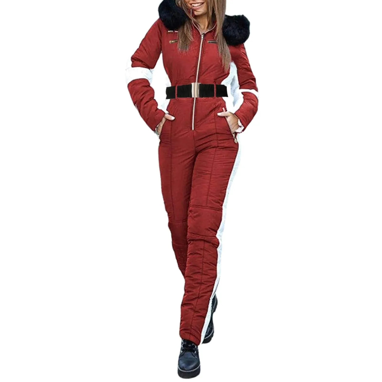 Women's Winter Ski Snow Parkas Outdoor Contrast Color Sports Jumpsuit Removable Zipper Ski Sets Women's Thickened Quilted Jacket