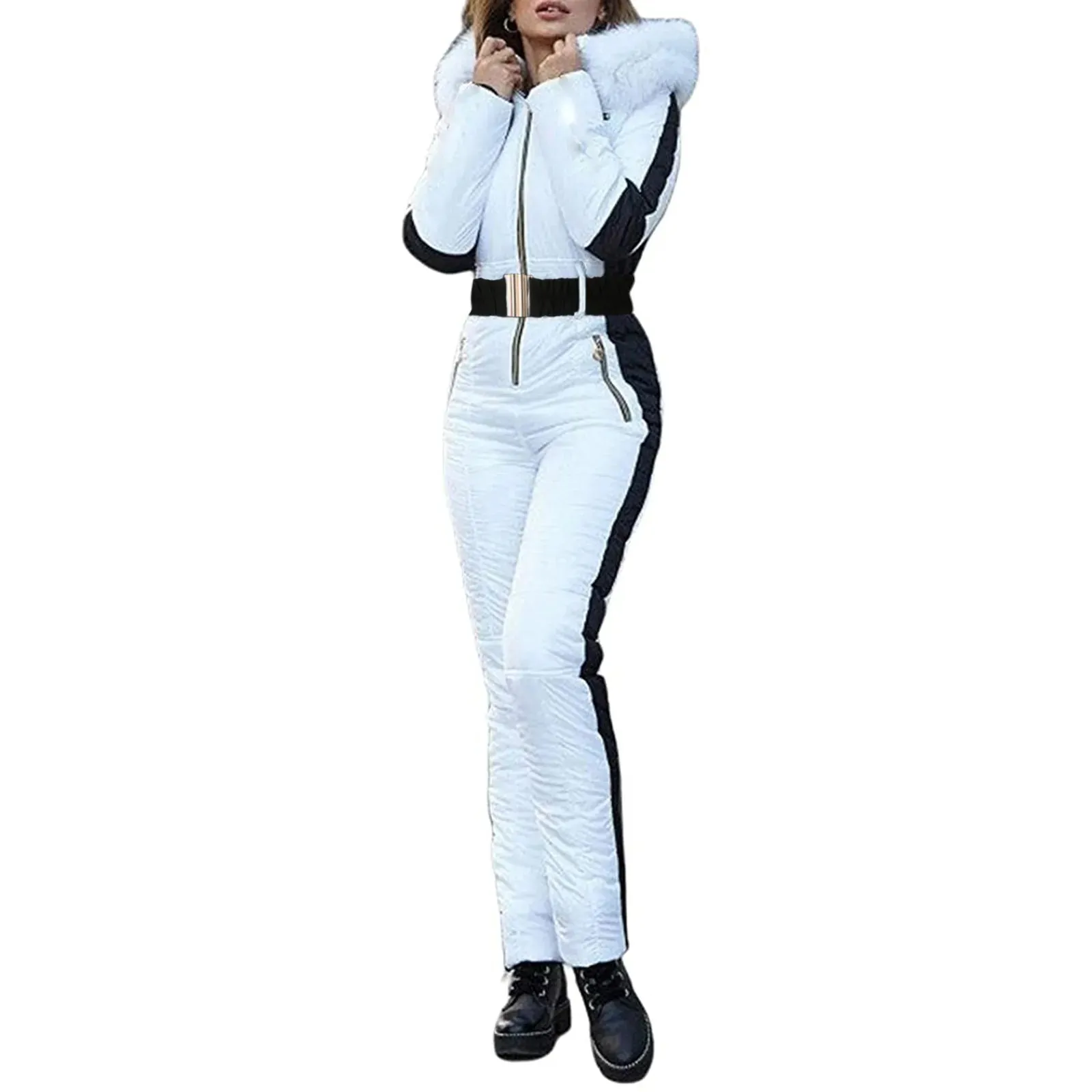Women's Winter Ski Snow Parkas Outdoor Contrast Color Sports Jumpsuit Removable Zipper Ski Sets Women's Thickened Quilted Jacket