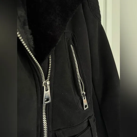 ZARA Motorcycle style jacket XS fur lined black suede